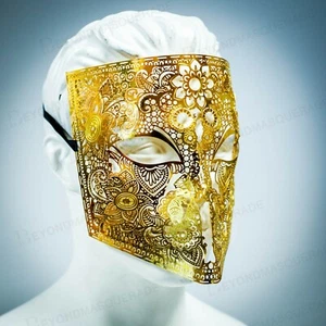 Mens Metal Bauta Venetian Laser-Cut Filigree Metal Masquerade Mask [Gold] - Picture 1 of 3