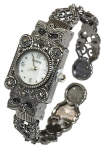 Blekon Collections Women's Antique Rectangular Case Marcasite Bangle Cuff Watch - Picture 1 of 8