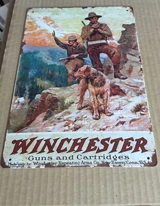 Winchester Guns & Cartridges TWO HUNTERS Metal Tin Sign Used 12x8 Inch Man Cave - Picture 1 of 2