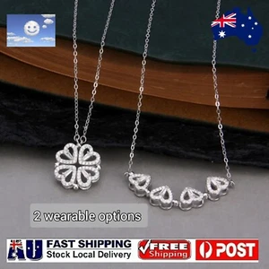 Necklace, Silver , 4Love hearts Leaves Clover flower pendant, 2 wearable options - Picture 1 of 21