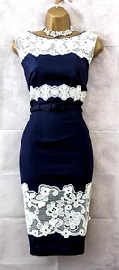 COAST Navy White Linen & Lace Belted Pencil Dress Sz 14 Wedding Garden Party - Picture 1 of 13