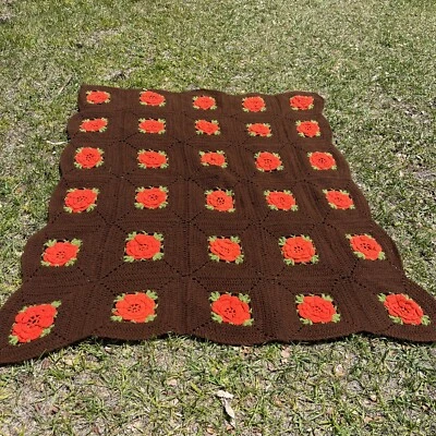 复古手工钩针 3D 橙色玫瑰棕色奶奶阿富汗毯 72X58 — 第 1/4 张图片
