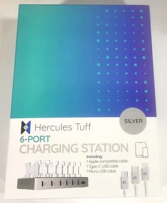 Hercules Tuff Charging Station for Multiple Devices with 6 USB Fast Ports Silver - Image 1 of 4