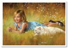 LITTLE GIRL & CAT In field Carefree childhood KIDS ART Jim Russia NEW Postcard