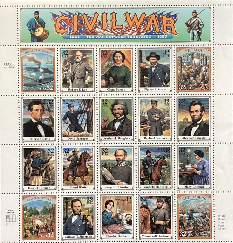 Полный лист марок Гражданской войны 1994 г. 32 цента SC# 2975 как новые без наклеек и следов - Изображение 1 из 1