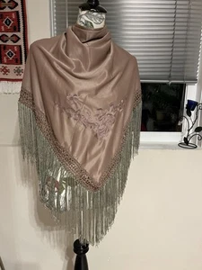 Brown Jersey Triangle Shawl Embroidered With Fringes Spain - Picture 1 of 5