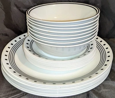 Corelle 'City Block'  24 Pc Dinner Set Black & White Svc for 8 EUC Plates/Bowls - Image 1 of 3