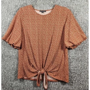 Adrianna Papell - Tie-Front Top Floral Rust Top Short Sleeve - Womens Medium - Picture 1 of 9