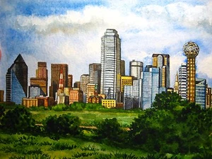 Watercolor Painting Dallas Texas City Skyscrapers Nature Art 5x7 - Picture 1 of 2