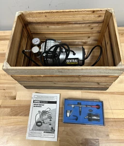 Central Pneumatic Air Compressor w/ Deluxe Airbrush Kit. Wood Crate & Manual - Picture 1 of 13