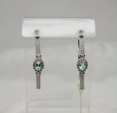 .925 Sterling Silver Light Green Peridot Pink Topaz Oval Hoop Earrings - Image 1 of 4