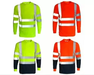 Hi Vis Viz Crew Neck T-Shirt Workwear Long Sleeves Reflective Safety All Sizes - Picture 1 of 6