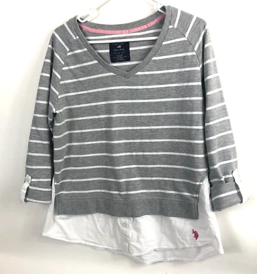 Женские U.S. Polo Assn. V-образным вырезом серый белая полоса свитер 3/4 рулон вкладка рукав L - Изображение 1 из 4