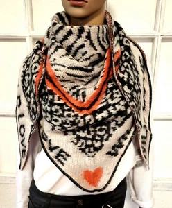 XXL Dreieckstuch Tuch Schal Viskose Animal/Herz Schriftzug Beige/Orange/Schwarz - Bild 1 von 3