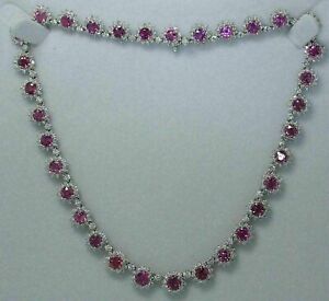 14K White Gold Plated Lab-created Pink Sapphire Diamond Tennis Women's Necklace