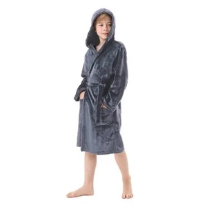  Boys Fleece Robe, Hooded Plush Soft Fuzzy Bathrobe for Kids 3 7-8 Years Gray - Picture 1 of 6
