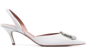 Amina Muaddi Camelia Sling 60 White Leather Crystal Slingback Low Heel Pump 41 - Picture 1 of 12