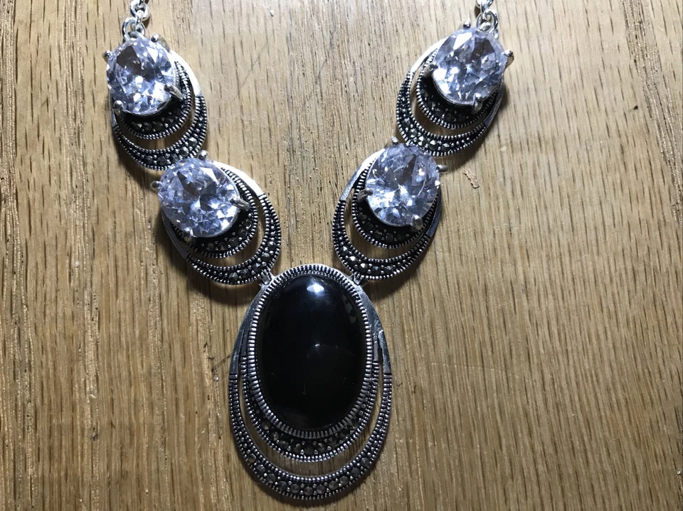 NUEVO COLLAR LE VIEUX ÓNIX NEGRO Y CUARZO TRANSPARENTE CON MARCASITA con etiquetas Foto 1 de 4