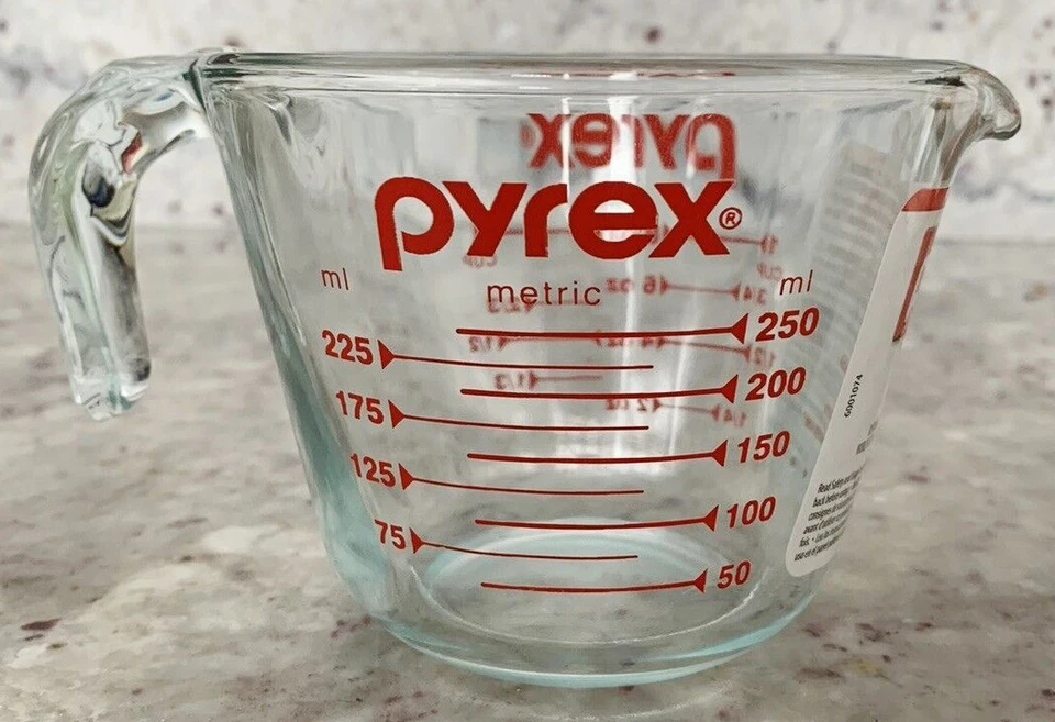 PYREX- Prepware 1-cup Measuring Cup- Red Graphics- Clear Open Handle - FAST SHIP - Image 1 of 3