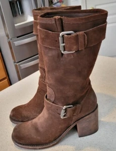 Vera Wang Boots Womens 9M Brown Suede Belted Buckle Moto Block Heel Lagenlook - Picture 1 of 15