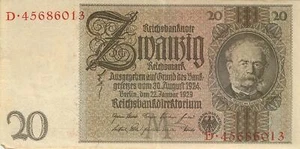 Deutschland Germany 20 Mark 1929 (M/D) leicht gebraucht Mittelknick - Bild 1 von 2