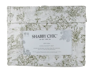 Shabby Chic King Size Sheet Set Olive Green Toile 4 Piece Set 100% Cotton NWT - Picture 1 of 5
