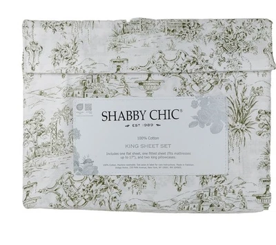 Shabby Chic King 尺寸床单套装 Olive Green Toile 4 件套 100% 棉全新带标签 — 第 1/4 张图片