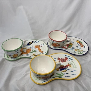 Les Tropiques Fish Themed Ceramic Hand painted Snack Tray & Soup Mug Sets Vtg - Picture 1 of 17