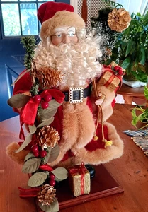 Vintage 18" stehender Weihnachtsmann mit Brille auf Holz mit grünem Spielzeugsack - Bild 1 von 6