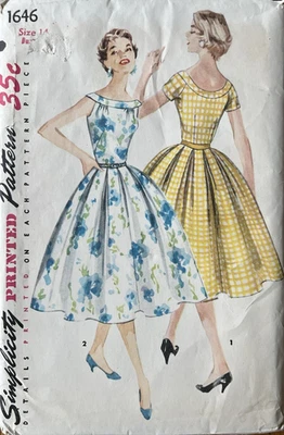 50's Simplicity 1646 DRESS Bouffant Skirt Round Neck sew pattern sz 14 b32 UNCUT - Image 1 of 2