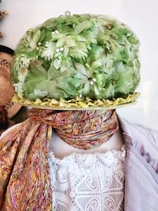Vintage Millinery 1950's-1960's Green Floral Ladies Church/Semi-Formal Hat - Picture 1 of 4