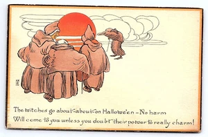 Halloween Postcard 4 Brown Coat Witches and Moon Nash KB45 - Picture 1 of 2
