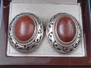 CII Mexico Sterling Silver Earrings w. Cabochon Carnelian Settings; 1"x.9" - Picture 1 of 5