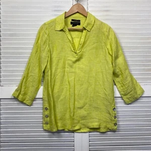 Tahari Linen Top Size Small Citrus Collared V Neck - Picture 1 of 7