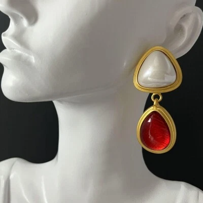 Dangle Red Matte Gold Pierced Chunky Runway Earrings - Image 1 of 4