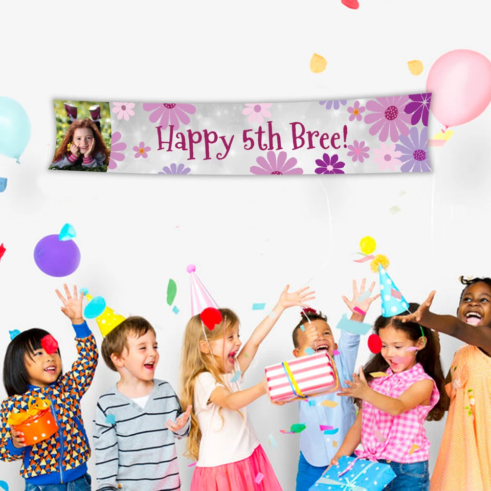 Suprimentos personalizados para banner de decoração de festa de aniversário de flores roxas para meninas - Imagem 1 de 4