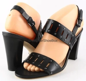 $185 VIA SPIGA LYNNE Black Leather Designer Open Toe Studded Heels Sandals 6 - Picture 1 of 4