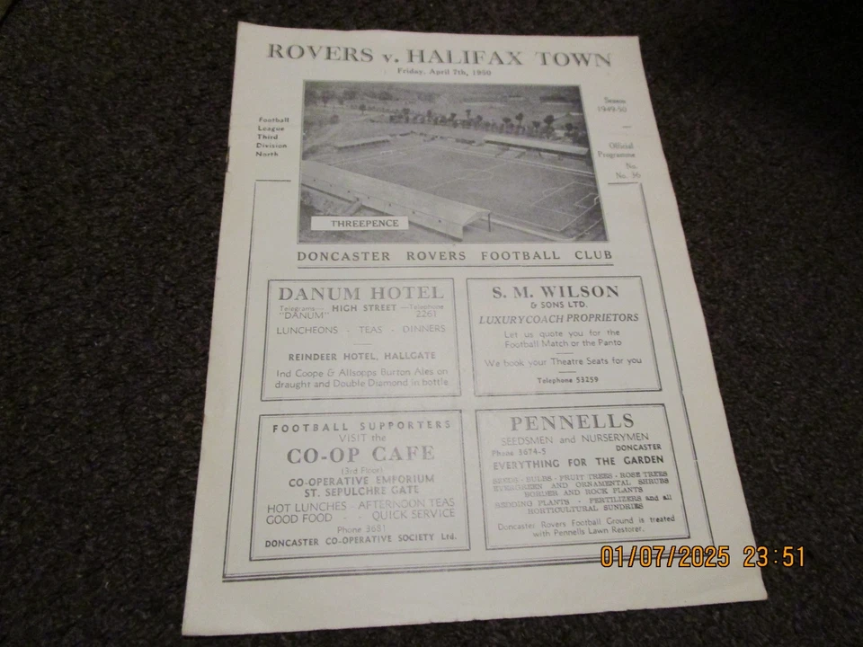 DONCASTER ROVERS (CHAMPIONS SEASON)   v  HALIFAX TOWN  1949/50   APRIL 7th - Image 1 of 1