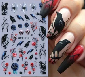 Nail Art Sticker WUNDERSCHÖNE GOTHIC HALLOWEEN SKULLS AND RAVEN SW0-114 - Bild 1 von 1