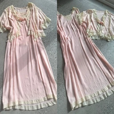 Women's Large Nightgown Bed Jacket Pink Cream Silk Lace Vintage 1920s Lingerie - Image 1 of 4