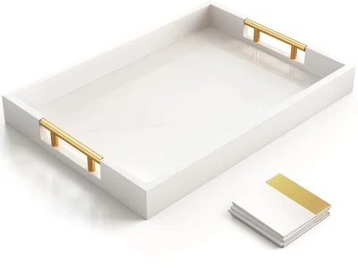 Bandeja para servir madera con asas de metal pulido dorado, re... Foto 1 de 4