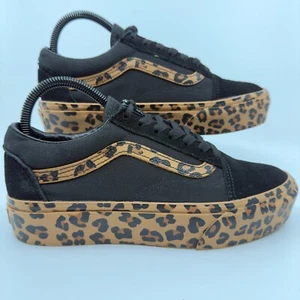Vans Old Skool Platform Sneakers Womens 7.5 7 1/2 Black Brown Leopard Shoes Lace - Picture 1 of 14