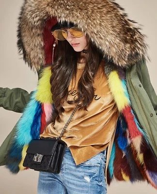 Gorgeous Multicolored Genuine Fox Fur Parka Jacket Coat Green Size Small - Image 1 of 4