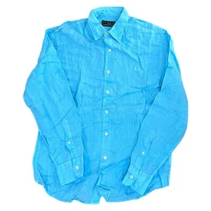 Vintage Fred Perry Linen Shirt Button Down Long Sleeve Summer Blue Mens Large - Picture 1 of 8