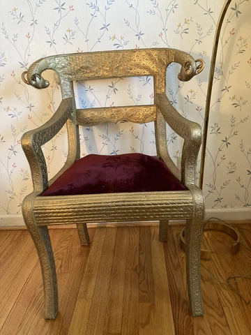 Vintage Antique Metal Wrapped Rams Head Anglo Indian Regency Wedding Chair Gold Cover
