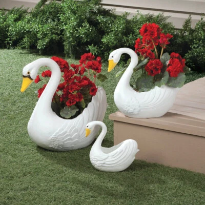 Juego de 3 Macetas de Cisnes Clásicas Blancas 2 en 1 Estatuilla de Jardín Escultura Decoración del Hogar Foto 1 de 4