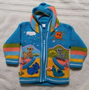 Peruvian Girls Alpaca Animal Knitted Hand Made Hooded Sz 1 Multicolor Sweater - Picture 1 of 11