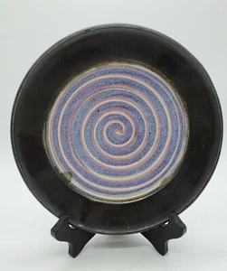 Handmade Studio Art Pottery Purple Black Swirl Plate 8.25" Signed Ceramic - Picture 1 of 8