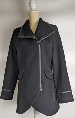 Trina Turk Women's Black Contrast Trim Asymmetric Zip Collared Wool Coat Size 2P - Image 1 of 4