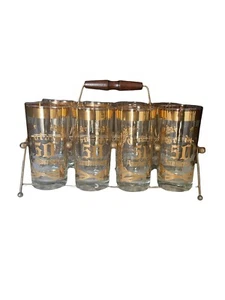 RETRO MCM GOLD 50TH WEDDING ANNIVERSARY GIFT HIGHBALL WATER GLASSES WITH CARRIER - Picture 1 of 7